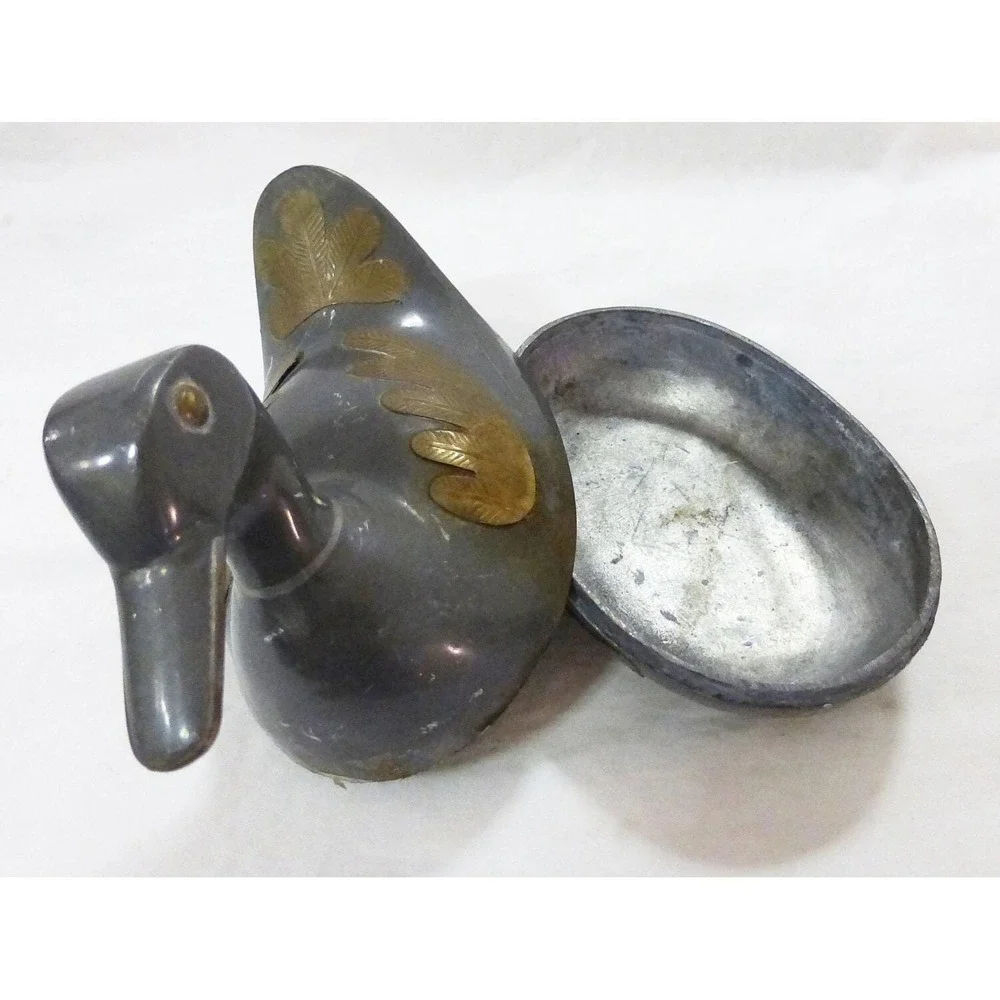 Vtg chinese pewter brass duck lidded‎ trinket jewelry box dish bird farmhouse
